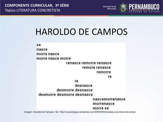 COMPONENTE CURRICULAR, 3ª SÉRIE
Tópico LITERATURA CONCRETISTA
HAROLDO DE CAMPOS
Imagem: Haroldo de Campos / Se / http://novacharges.wordpress.com/2009/08/22/poetas-concretos-tres-obras/
 