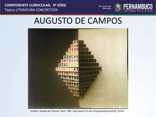 COMPONENTE CURRICULAR, 3ª SÉRIE
Tópico LITERATURA CONCRETISTA
AUGUSTO DE CAMPOS
Imagem: Augusto de Campos / Abre, 1968 / http://www2.uol.com.br/augustodecampos/05_03.htm
 