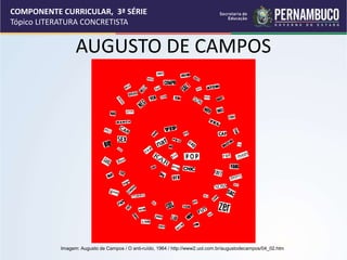 COMPONENTE CURRICULAR, 3ª SÉRIE
Tópico LITERATURA CONCRETISTA
AUGUSTO DE CAMPOS
Imagem: Augusto de Campos / O anti-ruído, 1964 / http://www2.uol.com.br/augustodecampos/04_02.htm
 
