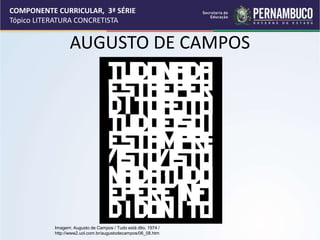 COMPONENTE CURRICULAR, 3ª SÉRIE
Tópico LITERATURA CONCRETISTA
AUGUSTO DE CAMPOS
Imagem: Augusto de Campos / Tudo está dito, 1974 /
http://www2.uol.com.br/augustodecampos/06_08.htm
 