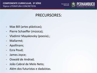 COMPONENTE CURRICULAR, 3ª SÉRIE
Tópico LITERATURA CONCRETISTA
PRECURSORES:
- Max Bill (artes plásticas);
- Pierre Schaeffer (música);
- Vladimir Mayakovsky (poesia).;
- Mallarmé;
- Apollinare;
- Ezra Poud;
- James Joyce;
- Oswald de Andrad;
- João Cabral de Melo Neto;
- Além dos futuristas e dadaístas.
 