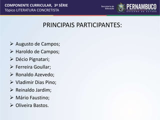 COMPONENTE CURRICULAR, 3ª SÉRIE
Tópico LITERATURA CONCRETISTA
PRINCIPAIS PARTICIPANTES:
 Augusto de Campos;
 Haroldo de Campos;
 Décio Pignatari;
 Ferreira Goullar;
 Ronaldo Azevedo;
 Vladimir Dias Pino;
 Reinaldo Jardim;
 Mário Faustino;
 Oliveira Bastos.
 