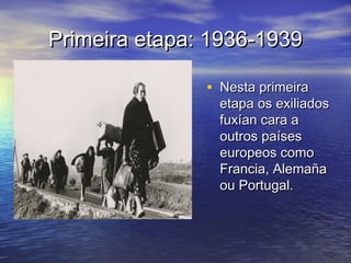 Primeira etapa: 1936-1939Primeira etapa: 1936-1939
• Nesta primeiraNesta primeira
etapa os exiliadosetapa os exiliados
fuxían cara afuxían cara a
outros paísesoutros países
europeos comoeuropeos como
Francia, AlemañaFrancia, Alemaña
ou Portugal.ou Portugal.
 