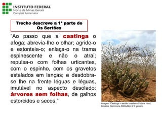 “Ao passo que a caatinga o
afoga; abrevia-lhe o olhar; agride-o
e estonteia-o; enlaça-o na trama
espinescente e não o atrai;
repulsa-o com folhas urticantes,
com o espinho, com os gravetos
estalados em lanças; e desdobra-
se lhe na frente léguas e léguas,
imutável no aspecto desolado:
árvores sem folhas, de galhos
estorcidos e secos.”
Língua Portuguesa - 3ª Série
A literatura Pré-modernista
Imagem: Caatinga – sertão brasileiro / Maria Hsu /
Creative Commons Attributtion 2.0 generic
Trecho descreve a 1ª parte de
Os Sertões
 