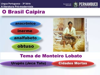 O Brasil Caipira
anacrônico
inerme
analfabeto
obtuso
Tema de Monteiro Lobato
Urupês (Jeca Tatu) Cidades Mortas
Língua Portuguesa - 3ª Série
A literatura Pré-modernista
Imagem:
Caipira
picando
fumo
1893
/
Almeida
Junior
/
Domínio
público
 
