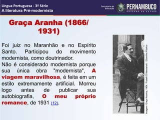 Graça Aranha (1866/
1931)
Foi juiz no Maranhão e no Espírito
Santo. Participou do movimento
modernista, como doutrinador.
Não é considerado modernista porque
sua única obra "modernista", A
viagem maravilhosa, é feita em um
estilo extremamente artificial. Morreu
logo antes de publicar sua
autobiografia, O meu próprio
romance, de 1931 (12).
Língua Portuguesa - 3ª Série
A literatura Pré-modernista
Imagem:
Graça
Aranha,
1904
/
Fratelli
D'Alessandri
/
Domínio
Público
 