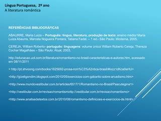 Língua Portuguesa, 2º ano
A literatura romântica
REFERÊNCIAS BIBLIOGRÁFICAS
ABAURRE, Maria Luiza – Português: língua, literatura, produção de texto: ensino médio/ Maria
Luiza Abaurre, Marcela Nogueira Pontara, Tatiana Fadel. – 1 ed.- São Paulo: Moderna, 2005.
CEREJA, William Roberto- português: linguagens: volume único/ Wiliam Roberto Cereja, Thereza
Cochar Magalhães – São Paulo: Atual, 2003.
http://educacao.uol.com.br/literatura/romantismo-no-brasil-caracteristicas-e-autores.htm, acessado
em 08/11/2011
< http://pt.shvoong.com/books/1625692-prosa-rom%C3%A2ntica-brasil/#ixzz1dKca0eHU>
<http://gizeligondim.blogspot.com/2010/05/exercicios-com-gabarito-sobre-arcadismo.htm>
<http://www.mundovestibular.com.br/articles/6517/1/Romantismo-no-Brasil/Paacutegina1>
<http://vestibular.com.br/revisao/romantismottp://vestibular.com.br/revisao/romantismo>
<http://www.analisedetextos.com.br/2010/08/romantismo-definicoes-e-exercicios-de.html>
 