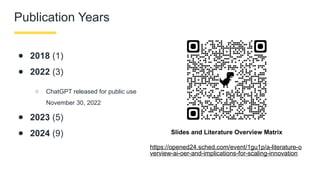 Publication Years
● 2018 (1)
● 2022 (3)
○ ChatGPT released for public use
November 30, 2022
● 2023 (5)
● 2024 (9) Slides and Literature Overview Matrix
https://opened24.sched.com/event/1gu1p/a-literature-o
verview-ai-oer-and-implications-for-scaling-innovation
 