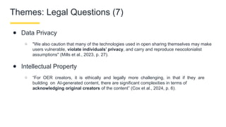 Themes: Legal Questions (7)
● Data Privacy
○ "We also caution that many of the technologies used in open sharing themselves may make
users vulnerable, violate individuals’ privacy, and carry and reproduce neocolonialist
assumptions" (Mills et al., 2023, p. 27).
● Intellectual Property
○ “For OER creators, it is ethically and legally more challenging, in that if they are
building on AI-generated content, there are significant complexities in terms of
acknowledging original creators of the content” (Cox et al., 2024, p. 6).
 