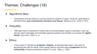 Themes: Challenges (18)
● Algorithmic Bias
○ “Awareness of these biases is crucial during the creation of cases. However, attempting to
eliminate them may inadvertently introduce new biases” (Bakkum et al., 2024, p. 641).
● Inequality
○ “Although there is potential for these tools to provide greater equity in education, they can
also be used inequitably and harmfully against students and threaten to increase the digital
divide” (Cox et al., 2024, p. 3).
● Ethics
○ “A key issue is maintaining academic integrity, as perhaps best seen in the ease of
generating text with AI raises, which poses serious concerns about plagiarism and the
authenticity of learner-produced content” (Li et al., 2024, p. 1524)
 