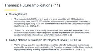 Themes: Future Implications (11)
● Scaling/Impact
○ “The true potential of OERs is only starting to show tangibility, with OER collections
accumulating more than 100,000 materials, with these having been curated, translated to
multiple languages using AI, as well as transcribed and annotated using AI technologies”
(Bulathwela et al., 2024, p. 9).
○ “These LLM capabilities, if adequately implemented, could empower educators to tailor
educational resources to specific topics or course requirements and enable faculty to
devote more time to other relevant tasks” (Alfirevic et al., 2024, p. 3)
● United Nations Sustainable Development Goals (UNSDGs)
○ “As the primary goal, this work identifies several key pillars for building and maintaining a
sustainable, large-scale and inclusive AI in the Education ecosystem that facilitates equitable,
high-quality lifelong learning opportunities for all” (Bulathwela et al., 2024, p. 3).
 