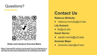 Questions?
Slides and Literature Overview Matrix
https://opened24.sched.com/event/1gu1p/a-literature-o
verview-ai-oer-and-implications-for-scaling-innovation
Contact Us
Rebecca McNulty:
● rebecca.mcnulty@ucf.edu
Lily Dubach:
● lily@ucf.edu
Sarah Norris:
● sarah.norris@ucf.edu
Amanda Major
● amanda.major@ucf.edu
 