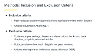 Methods: Inclusion and Exclusion Criteria
● Inclusion criteria:
○ Peer-reviewed academic journal articles accessible online and in English
○ Articles focusing on AI and OER
● Exclusion criteria:
○ Conference proceedings, theses and dissertations, books and book
chapters, preprints, retracted articles
○ Not accessible online; not in English; not peer reviewed
○ Articles missing one or both focus areas (AI and/or OER)
 