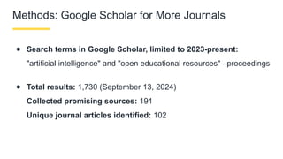 Methods: Google Scholar for More Journals
● Search terms in Google Scholar, limited to 2023-present:
"artificial intelligence" and "open educational resources" –proceedings
● Total results: 1,730 (September 13, 2024)
Collected promising sources: 191
Unique journal articles identified: 102
 