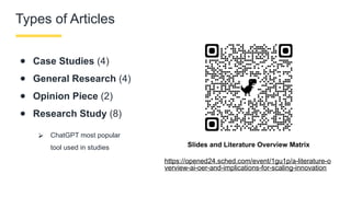 Types of Articles
● Case Studies (4)
● General Research (4)
● Opinion Piece (2)
● Research Study (8)
⮚ ChatGPT most popular
tool used in studies Slides and Literature Overview Matrix
https://opened24.sched.com/event/1gu1p/a-literature-o
verview-ai-oer-and-implications-for-scaling-innovation
 
