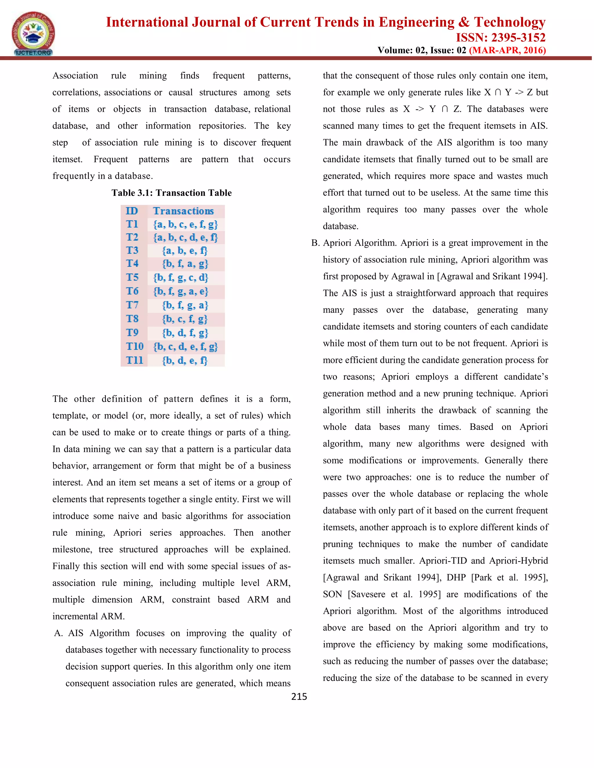 International Journal of Current Trends in Engineering & Technology
ISSN: 2395-3152
Volume: 02, Issue: 02 (MAR-APR, 2016)
215
Association rule mining finds frequent patterns,
correlations, associations or causal structures among sets
of items or objects in transaction database, relational
database, and other information repositories. The key
step of association rule mining is to discover frequent
itemset. Frequent patterns are pattern that occurs
frequently in a database.
Table 3.1: Transaction Table
The other definition of pattern defines it is a form,
template, or model (or, more ideally, a set of rules) which
can be used to make or to create things or parts of a thing.
In data mining we can say that a pattern is a particular data
behavior, arrangement or form that might be of a business
interest. And an item set means a set of items or a group of
elements that represents together a single entity. First we will
introduce some naive and basic algorithms for association
rule mining, Apriori series approaches. Then another
milestone, tree structured approaches will be explained.
Finally this section will end with some special issues of as-
association rule mining, including multiple level ARM,
multiple dimension ARM, constraint based ARM and
incremental ARM.
A. AIS Algorithm focuses on improving the quality of
databases together with necessary functionality to process
decision support queries. In this algorithm only one item
consequent association rules are generated, which means
that the consequent of those rules only contain one item,
for example we only generate rules like X ∩ Y -> Z but
not those rules as X -> Y ∩ Z. The databases were
scanned many times to get the frequent itemsets in AIS.
The main drawback of the AIS algorithm is too many
candidate itemsets that finally turned out to be small are
generated, which requires more space and wastes much
effort that turned out to be useless. At the same time this
algorithm requires too many passes over the whole
database.
B. Apriori Algorithm. Apriori is a great improvement in the
history of association rule mining, Apriori algorithm was
first proposed by Agrawal in [Agrawal and Srikant 1994].
The AIS is just a straightforward approach that requires
many passes over the database, generating many
candidate itemsets and storing counters of each candidate
while most of them turn out to be not frequent. Apriori is
more efficient during the candidate generation process for
two reasons; Apriori employs a different candidate’s
generation method and a new pruning technique. Apriori
algorithm still inherits the drawback of scanning the
whole data bases many times. Based on Apriori
algorithm, many new algorithms were designed with
some modifications or improvements. Generally there
were two approaches: one is to reduce the number of
passes over the whole database or replacing the whole
database with only part of it based on the current frequent
itemsets, another approach is to explore different kinds of
pruning techniques to make the number of candidate
itemsets much smaller. Apriori-TID and Apriori-Hybrid
[Agrawal and Srikant 1994], DHP [Park et al. 1995],
SON [Savesere et al. 1995] are modifications of the
Apriori algorithm. Most of the algorithms introduced
above are based on the Apriori algorithm and try to
improve the efficiency by making some modifications,
such as reducing the number of passes over the database;
reducing the size of the database to be scanned in every
 