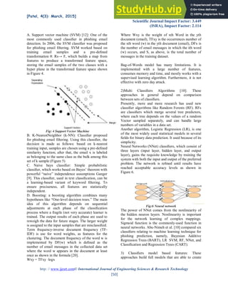 [Patel, 4(3): March, 2015] ISSN: 2277-9655
Scientific Journal Impact Factor: 3.449
(ISRA), Impact Factor: 2.114
http: // www.ijesrt.com© International Journal of Engineering Sciences & Research Technology
[50]
A. Support vector machine (SVM) [12]: One of the
most commonly used classiﬁer in phishing email
detection. In 2006, the SVM classiﬁer was proposed
for phishing email ﬁltering. SVM worked based on
training email samples and a pre-deﬁned
transformation θ: Rs→ F, which builds a map from
features to produce a transformed feature space,
storing the email samples of the two classes with a
hyper plane in the transformed feature space shown
in Figure 4.
Fig: 4 Support Vector Machine
B. K-NearestNeighbor (k-NN): Classiﬁer proposed
for phishing email ﬁltering. Using this classiﬁer, the
decision is made as follows: based on k-nearest
training input, samples are chosen using a pre-deﬁned
similarity function; after that, the email x is labeled
as belonging to the same class as the bulk among this
set of k sample (Figure 5)
C. Naive bays classiﬁer: Simple probabilistic
classiﬁer, which works based on Bayes’ theorem with
powerful “naive” independence assumptions Ganger
[9]. This classiﬁer, used in text classiﬁcation, can be
a learning-based variant of keyword ﬁltering. To
ensure preciseness, all features are statistically
independent.
D. Boosting: a boosting algorithm combines many
hypotheses like “One-level decision trees.” The main
idea of this algorithm depends on sequential
adjustments at each phase of the classiﬁcation
process where a fragile (not very accurate) learner is
trained. The output results of each phase are used to
reweigh the data for future stages. The larger weight
is assigned to the input samples that are misclassiﬁed.
Term frequency-inverse document frequency (TF-
IDF) is use for word weights, as features for the
clustering. The document frequency of the word w is
implemented by DF(w) which is deﬁned as the
number of email messages in the collected data set
where the word w appears in the document at least
once as shown in the formula [20].
Wxy = TFxy ·logx
Where Wxy is the weight of xth Word in the yth
document (email), TFxy is the occurrences number of
the xth word (w) in the yth document (email), DFx is
the number of email messages in which the ith word
(w) occurs, and S, as above, is the total number of
messages in the training dataset.
Bag-of-Words model has many limitations. It is
implemented with a large number of features,
consumes memory and time, and mostly works with a
supervised learning algorithm. Furthermore, it is not
effective with zero day attack.
2)Multi Classiﬁers Algorithms [10]: These
approaches in general depend on comparison
between sets of classiﬁers.
Presently, more and more research has used new
classiﬁer algorithms like Random Forests (RF). RFs
are classiﬁers which merge several tree predictors,
where each tree depends on the values of a random
Vector sampled separately, and can handle large
numbers of variables in a data set.
Another algorithm, Logistic Regression (LR), is one
of the most widely used statistical models in several
ﬁelds for binary data prediction. It used because of its
simplicity.
Neural Networks (NNet) classiﬁers, which consist of
three layers (input layer, hidden layer, and output
layer), gains the requisite knowledge by training the
system with both the input and output of the preferred
problem. The network is reﬁned until results have
reached acceptable accuracy levels as shown in
Figure 6.
Fig:6 Neural network
The power of NNet comes from the nonlinearity of
the hidden neuron layers. Nonlinearity is important
for the network learning of complex mappings.
Sigmoid function is the commonly-used function in
neural networks. Abu-Nimeh et al. [10] compared six
classiﬁers relating to machine learning technique for
phishing prediction, namely, Bayesian Additive
Regression Trees (BART), LR SVM, RF, NNet, and
Classiﬁcation and Regression Trees (CART).
3) Classiﬁers model based features: These
approaches build full models that are able to create
 
