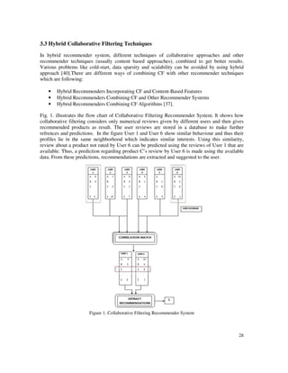 28
3.3 Hybrid Collaborative Filtering Techniques
In hybrid recommender system, different techniques of collaborative approaches and other
recommender techniques (usually content based approaches), combined to get better results.
Various problems like cold-start, data sparsity and scalability can be avoided by using hybrid
approach [40].There are different ways of combining CF with other recommender techniques
which are following:
• Hybrid Recommenders Incorporating CF and Content-Based Features
• Hybrid Recommenders Combining CF and Other Recommender Systems
• Hybrid Recommenders Combining CF Algorithms [37].
Fig. 1. illustrates the flow chart of Collaborative Filtering Recommender System. It shows how
collaborative filtering considers only numerical reviews given by different users and then gives
recommended products as result. The user reviews are stored in a database to make further
refrences and predictions. In the figure User 1 and User 6 show similar behaviour and thus their
profiles lie in the same neighborhood which indicates similar interests. Using this similarity,
review about a product not rated by User 6 can be predicted using the reviews of User 1 that are
available. Thus, a prediction regarding product C’s review by User 6 is made using the available
data. From these predictions, recommendations are extracted and suggested to the user.
Figure 1. Collaborative Filtering Recommender System
 