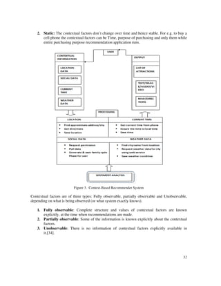 32
2. Static: The contextual factors don’t change over time and hence stable. For e.g. to buy a
cell phone the contextual factors can be Time, purpose of purchasing and only them while
entire purchasing purpose recommendation application runs.
Figure 3. Context-Based Recommender System
Contextual factors are of three types: Fully observable, partially observable and Unobservable,
depending on what is being observed (or what system exactly knows).
1. Fully observable: Complete structure and values of contextual factors are known
explicitly, at the time when recommendations are made.
2. Partially observable: Some of the information is known explicitly about the contextual
factors.
3. Unobservable: There is no information of contextual factors explicitly available in
it.[34].
 