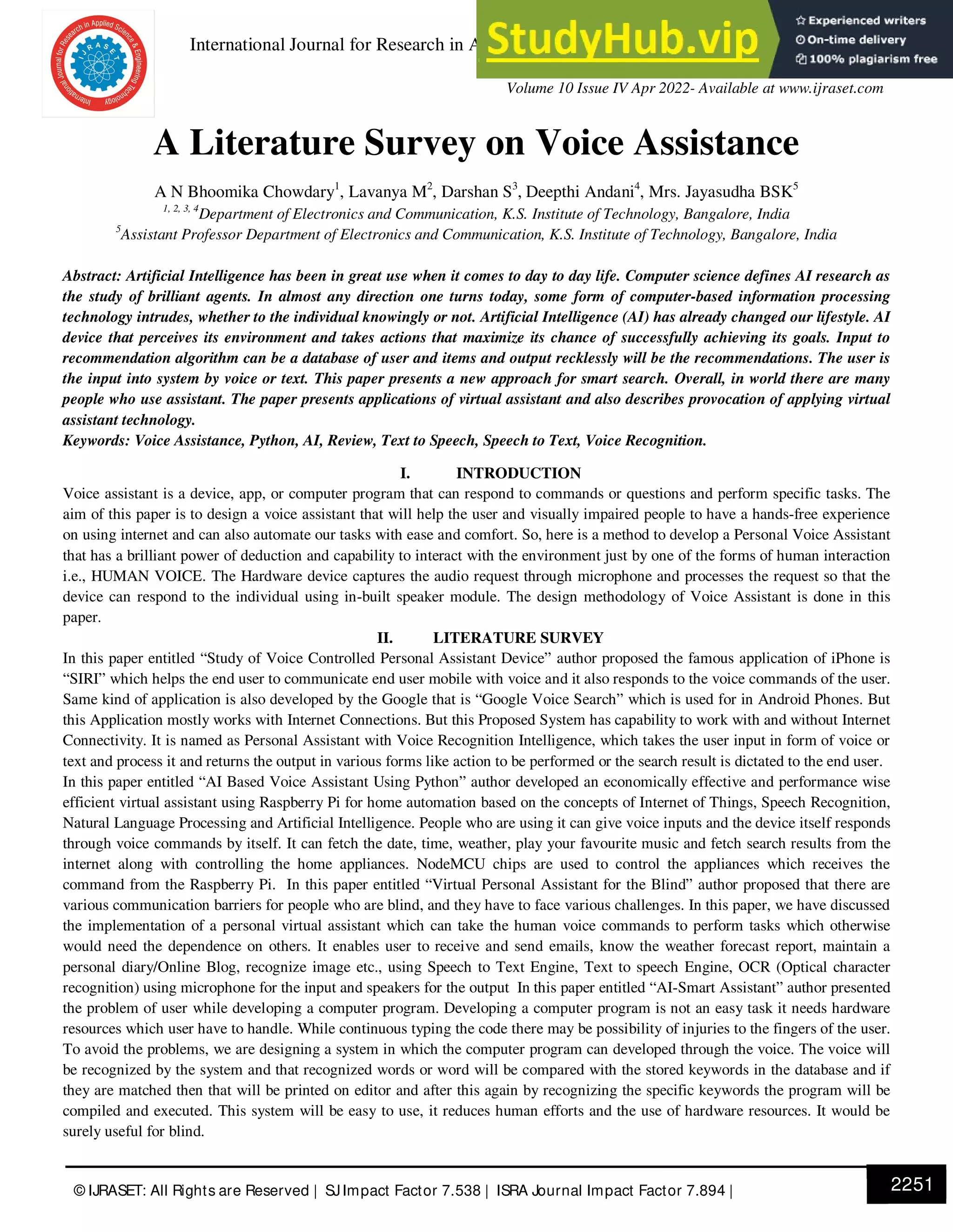 A Literature Survey On Voice Assistance | PDF | Programming Languages ...
