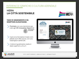 -----------------------------------------------------------------------------------------------------------------------------
-----------------------------------------------------------------------------------------------------------------------------
TUTTI I DIRITTI RISERVATI | WWW.ALITTLEB.IT | INFO@ALITTLEB.IT
-----------------------------------------------------------------------------------------------------------------------------
INTERFACCE GRAFICHE E CULTURA AZIENDALE
-----------------------------------------------------------------------------------------------------------------------------
HERA
LA CITTÀ SOSTENIBILE
TASSI DI GRADIMENTO E RE-
DEMPTION ELEVATISSIMI:
 