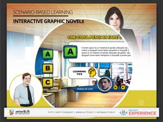 SCENARIO-BASED LEARNING
C
B
A
Andrea de carlo
LEARNING
TIPS
Il lorem ipsum è un insieme di parole utilizzato da grafici, designer, program-
matori e tipografi come testo riempitivo in bozzetti e prove grafiche.Il lorem
ipsum è un insieme di parole utilizzato da grafici, designer, programmatori e
tipografi come testo riempitivo in bozzetti e prove grafiche.
?CHE COSA PENSI DI FARE
SCEGLI
-----------------------------------------------------------------------------------------------------------------------------
-----------------------------------------------------------------------------------------------------------------------------
INTERACTIVE GRAPHIC NOVELs
TUTTI I DIRITTI RISERVATI | WWW.ALITTLEB.IT | INFO@ALITTLEB.IT
-----------------------------------------------------------------------------------------------------------------------------
 