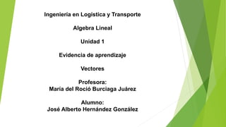 Ingeniería en Logística y Transporte
Algebra Lineal
Unidad 1
Evidencia de aprendizaje
Vectores
Profesora:
María del Roció Burciaga Juárez
Alumno:
José Alberto Hernández González
 