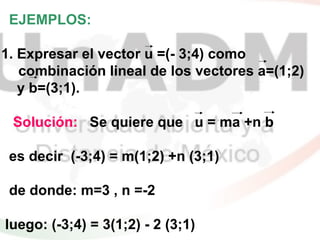 EJEMPLOS:
1. Expresar el vector u =(- 3;4) como
combinación lineal de los vectores a=(1;2)
y b=(3;1).
Solución: Se quiere que u = ma +n b
es decir (-3;4) = m(1;2) +n (3;1)
de donde: m=3 , n =-2
luego: (-3;4) = 3(1;2) - 2 (3;1)
 
