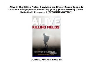 Alive in the Killing Fields: Surviving the Khmer Rouge Genocide
(National Geographic-memoirs) by {Full | [BEST BOOKS] | Free |
Unlimited | Complete | [RECOMMENDATION]
DONWLOAD LAST PAGE !!!!
Download Alive in the Killing Fields: Surviving the Khmer Rouge Genocide (National Geographic-memoirs) Ebook Free Alive in the Killing Fields is the real-life memoir of Nawuth Keat, a man who survived the horrors of war-torn Cambodia. He has now broken a longtime silence in the hope that telling the truth about what happened to his people and his country will spare future generations from similar tragedy.In this captivating memoir, a young Nawuth defies the odds and survives the invasion of his homeland by the Khmer Rouge. Under the brutal reign of the dictator Pol Pot, he loses his parents, young sister, and other members of his family. After his hometown of Salatrave was overrun, Nawuth and his remaining relatives are eventually captured and enslaved by Khmer Rouge fighters. They endure physical abuse, hunger, and inhumane living conditions. But through it all, their sense of family holds them together, giving them the strength to persevere through a time when any assertion of identity is punishable by death.Nawuth’s story of survival and escape from the Killing Fields of Cambodia is also a message of hope an inspiration to children whose worlds have been darkened by hardship and separation from loved ones. This story provides a timeless lesson in the value of human dignity and freedom for readers of all ages.
 