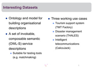 Interesting Datasets

    Ontology and model for               Three working use cases
     building organisational                  Tourism support system
     descriptions                              (TMT Factory)
                                              Disaster management
    A set of invokable,                       scenario (THALES)
     composable semantic                      Intelligent
     (OWL-S) service                           telecommunications
     descriptions                              (CalicoJack)
         Suitable for testing tools
          (e.g. matchmaking)

                                                                3
 