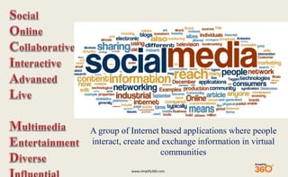 A group of Internet based applications where people 
interact, create and exchange information in virtual 
communities 
www.simplify360.com 
 