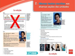 Menos textos escritos nas
diversas seções das unidades
1a edição
2a edição
X
2.
 