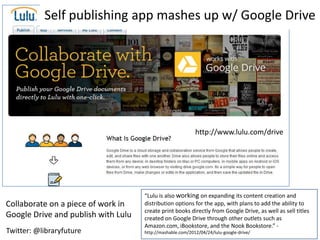 Self publishing app mashes up w/ Google Drive




                                                            http://www.lulu.com/drive




                                     “Lulu is also working on expanding its content creation and
Collaborate on a piece of work in    distribution options for the app, with plans to add the ability to
                                     create print books directly from Google Drive, as well as sell titles
Google Drive and publish with Lulu   created on Google Drive through other outlets such as
                                     Amazon.com, iBookstore, and the Nook Bookstore.” -
Twitter: @libraryfuture              http://mashable.com/2012/04/24/lulu-google-drive/
 