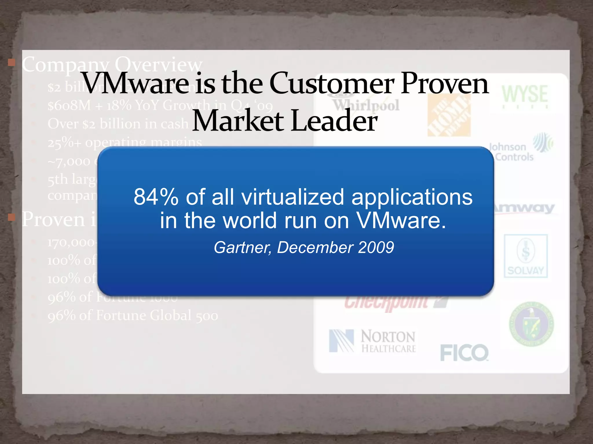 Move and copy virtual machines as easily as moving and copying filesHardware IndependenceProvision or migrate any virtual machine to any similar or different physical serverAbstraction + Pooling = Reduced ComplexityTraditional ViewFile/PrintExchangeOSOSOperating SystemOperating SystemOracle CRMSAP ERPOSOSOperating SystemOperating System