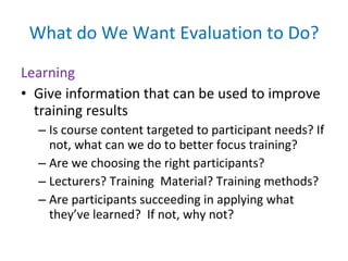 What do We Want Evaluation to Do? Learning Give information that can be used to improve training results Is course content targeted to participant needs? If not, what can we do to better focus training? Are we choosing the right participants? Lecturers? Training  Material? Training methods? Are participants succeeding in applying what they’ve learned?  If not, why not? 
