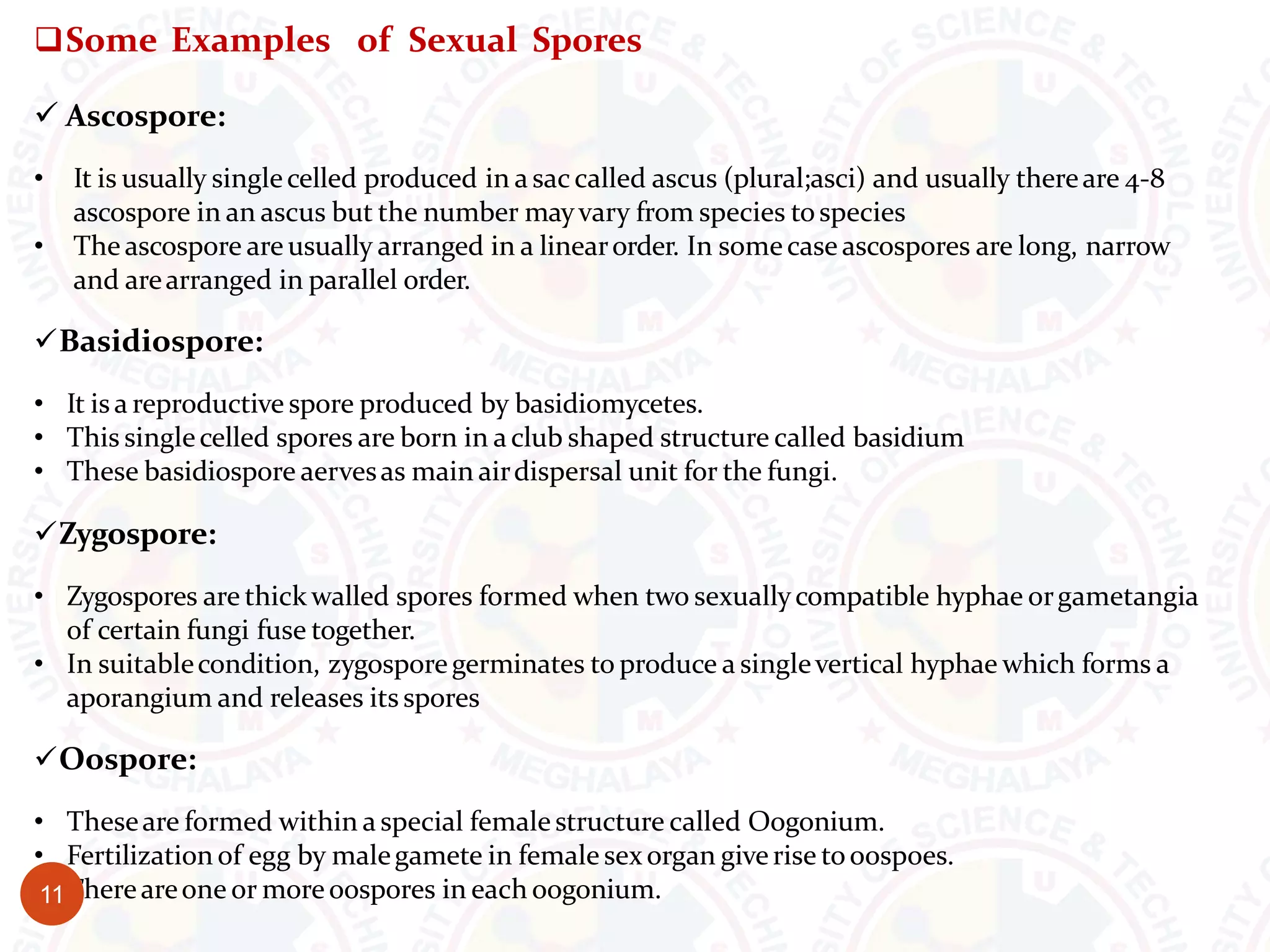 Some Examples of Sexual Spores
 Ascospore:
• It is usually singlecelled produced in a saccalled ascus (plural;asci) and usually thereare 4-8
ascospore in an ascus but the number mayvary from species tospecies
• The ascospore are usually arranged in a linearorder. In somecase ascospores are long, narrow
and arearranged in parallel order.
Basidiospore:
• It is a reproductive spore produced by basidiomycetes.
• This singlecelled spores are born in aclub shaped structure called basidium
• These basidiospore aervesas main airdispersal unit for the fungi.
Zygospore:
• Zygospores are thick walled spores formed when two sexuallycompatible hyphae orgametangia
of certain fungi fuse together.
• In suitablecondition, zygosporegerminates to produce a singlevertical hyphae which forms a
aporangium and releases its spores
Oospore:
• Theseare formed within a special female structure called Oogonium.
• Fertilization of egg by malegamete in female sex organ giverise tooospoes.
• Thereareone or moreoospores in each oogonium.
11
 