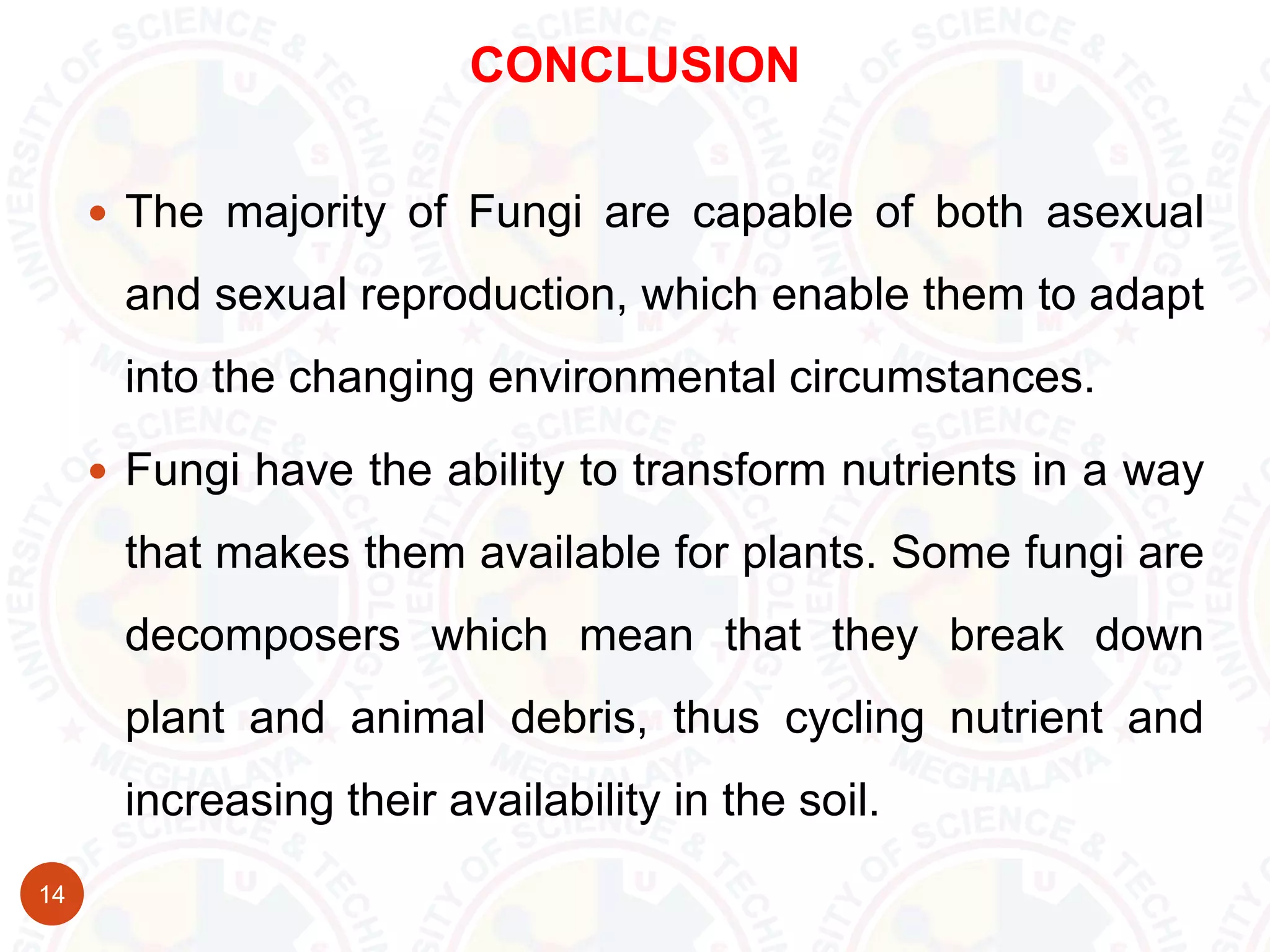 CONCLUSION
14
 The majority of Fungi are capable of both asexual
and sexual reproduction, which enable them to adapt
into the changing environmental circumstances.
 Fungi have the ability to transform nutrients in a way
that makes them available for plants. Some fungi are
decomposers which mean that they break down
plant and animal debris, thus cycling nutrient and
increasing their availability in the soil.
 