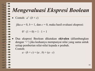 10
Mengevaluasi Ekspresi Boolean
 Contoh: a’ (b + c)
jika a = 0, b = 1, dan c = 0, maka hasil evaluasi ekspresi:
0’ (1 + 0) = 1  1 = 1
 Dua ekspresi Boolean dikatakan ekivalen (dilambangkan
dengan ‘=’) jika keduanya mempunyai nilai yang sama untuk
setiap pemberian nilai-nilai kepada n peubah.
Contoh:
a  (b + c) = (a . b) + (a  c)
 