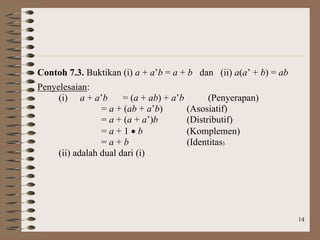 14
Contoh 7.3. Buktikan (i) a + a’b = a + b dan (ii) a(a’ + b) = ab
Penyelesaian:
(i) a + a’b = (a + ab) + a’b (Penyerapan)
= a + (ab + a’b) (Asosiatif)
= a + (a + a’)b (Distributif)
= a + 1  b (Komplemen)
= a + b (Identitas)
(ii) adalah dual dari (i)
 