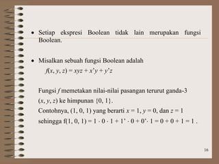 16
 Setiap ekspresi Boolean tidak lain merupakan fungsi
Boolean.
 Misalkan sebuah fungsi Boolean adalah
f(x, y, z) = xyz + x’y + y’z
Fungsi f memetakan nilai-nilai pasangan terurut ganda-3
(x, y, z) ke himpunan {0, 1}.
Contohnya, (1, 0, 1) yang berarti x = 1, y = 0, dan z = 1
sehingga f(1, 0, 1) = 1  0  1 + 1’  0 + 0’ 1 = 0 + 0 + 1 = 1 .
 