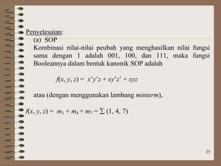 25
Penyelesaian:
(a) SOP
Kombinasi nilai-nilai peubah yang menghasilkan nilai fungsi
sama dengan 1 adalah 001, 100, dan 111, maka fungsi
Booleannya dalam bentuk kanonik SOP adalah
f(x, y, z) = x’y’z + xy’z’ + xyz
atau (dengan menggunakan lambang minterm),
f(x, y, z) = m1 + m4 + m7 =  (1, 4, 7)
 