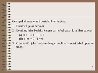 6
Cek apakah memenuhi postulat Huntington:
1. Closure : jelas berlaku
2. Identitas: jelas berlaku karena dari tabel dapat kita lihat bahwa:
(i) 0 + 1 = 1 + 0 = 1
(ii) 1  0 = 0  1 = 0
3. Komutatif: jelas berlaku dengan melihat simetri tabel operator
biner.
 