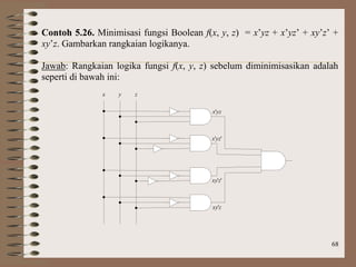 68
Contoh 5.26. Minimisasi fungsi Boolean f(x, y, z) = x’yz + x’yz’ + xy’z’ +
xy’z. Gambarkan rangkaian logikanya.
Jawab: Rangkaian logika fungsi f(x, y, z) sebelum diminimisasikan adalah
seperti di bawah ini:
x y z
x'yz
x'yz'
xy'z'
xy'z
 