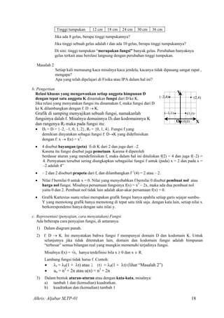 Tinggi tumpukan 12 cm 18 cm 24 cm 30 cm 36 cm
Jika ada 8 gelas, berapa tinggi tumpukannya?
Jika tinggi sebuah gelas adalah t dan ada 10 gelas, berapa tinggi tumpukannya?
Di sini: tinggi tumpukan “merupakan fungsi” banyak gelas. Perubahan banyaknya
gelas terkait atau berelasi langsung dengan perubahan tinggi tumpukan.
Masalah 2
Setiap kali memasang kaca misalnya kaca jendela, kacanya tidak dipasang sangat rapat ,
mengapa?
Apa yang telah dipelajari di Fisika atau IPA dalam hal ini?
b. Pengertian
Y
X(0,0)
(–1,1)
(–2,4) (2,4)
(1,1)
O
Relasi khusus yang mengawankan setiap anggota himpunan D
dengan tepat satu anggota K dinamakan fungsi dari D ke K.
Jika relasi yang menyatakan fungsi itu dinamakan f, maka fungsi dari D
ke K dilambangkan dengan f: D → K.
Grafik di samping menyajikan sebuah fungsi, namakanlah
fungsinya dalah f. Misalnya domainnya Df dan kodomainnya K
dan rangenya Rf maka pada fungsi itu:
• Df = D = {–2, –1, 0, 1, 2}, Rf = {0, 1, 4}. Fungsi f yang
demikian dinyatakan sebagai fungsi f: D→K yang didefinisikan
dengan f: x → f(x) = x2
.
• 4 disebut bayangan (peta) fi di K dari 2 dan juga dari –2.
Karena itu fungsi disebut juga pemetaan. Karena 4 diperoleh
berdasar aturan yang mendefinisikan f, maka dalam hal ini dituliskan f(2) = 4 dan juga f(–2) =
4. Pernyataan tersebut sering diungkapkan sebagaiilai fungsi f untuk (pada) x = 2 dan pada x =
–2 adalah 4”
• – 2 dan 2 diseburt prapeta dari f, dan dilambangkan f–1
(4) = 2 atau – 2.
• Nilai f bernilai 0 untuk x = 0. Nilai yang menyebabkan f bernilai 0 disebut pembuat nol atau
harga nol fungsi. Misalnya persamaan fungsinya f(x) = x2
– 2x, maka ada dua pembuat nol
yaitu 0 dan 2. Pembuat nol tidak lain adalah akar-akar persamaan f(x) = 0.
• Grafik Kartesius suatu relasi merupakan grafik fungsi hanya apabila setiap garis sejajar sumbu-
Y yang memotong grafik hanya memotong di tepat satu titik saja. dengan kata lain, setiap nilai x
berkorespondensi hanya dengan satu nilai y.
c. Representasi (penyajian, cara menyatakan) Fungsi
Ada beberapa cara penyajian fungsi, di antaranya:
1) Dalam diagram panah.
2) f: D → K. Ini menyatakan bahwa fungsi f mempunyai domain D dan kodomain K. Untuk
selanjutnya jika tidak ditentukan lain, domain dan kodomain fungsi adalah himpunan
“terbesar” semua bilangan real yang mungkin memenuhi terjadinya fungsi.
Misalnya f(x) = √x, hanya terdefinisi bila x ≥ 0 dan x ∈ R.
Lambang fungsi tidak harus f. Contoh:
• λt = λ0(1 + λt) atau l (t) = λ0(1 + λt) (lihat “Masalah 2”)
• un = n2
+ 2n atau u(n) = n2
+ 2n
3) Dalam bentuk aturan-aturan atau dengan kata-kata, misalnya:
a) tambah 1 dan (kemudian) kuadratkan.
b) kuadratkan dan (kemudian) tambah 1
Alkris: Aljabar SLTP-01 18
 