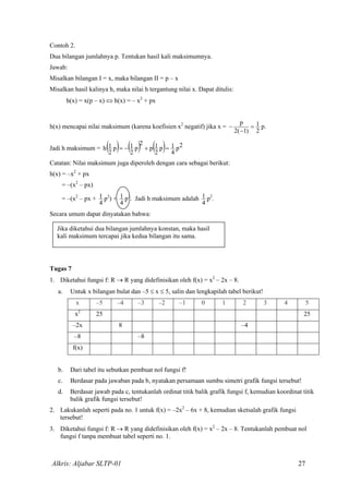 Contoh 2.
Dua bilangan jumlahnya p. Tentukan hasil kali maksimumnya.
Jawab:
Misalkan bilangan I = x, maka bilangan II = p – x
Misalkan hasil kalinya h, maka nilai h tergantung nilai x. Dapat ditulis:
h(x) = x(p – x) ⇔ h(x) = – x2
+ px
h(x) mencapai nilai maksimum (karena koefisien x2
negatif) jika x =
2
1
)1(2
p
=
−
− p.
Jadi h maksimum = ( ) ( ) ( ) 2p
4
1p
2
1p
2
p
2
1p
2
1h =+−=
Catatan: Nilai maksimum juga diperoleh dengan cara sebagai berikut:
h(x) = –x2
+ px
= –(x2
– px)
= –(x2
– px +
4
1 p2
) +
4
1 p2
. Jadi h maksimum adalah
4
1 p2
.
Secara umum dapat dinyatakan bahwa:
Jika diketahui dua bilangan jumlahnya konstan, maka hasil
kali maksimum tercapai jika kedua bilangan itu sama.
Tugas 7
1. Diketahui fungsi f: R → R yang didefinisikan oleh f(x) = x2
– 2x – 8.
a. Untuk x bilangan bulat dan –5 ≤ x ≤ 5, salin dan lengkapilah tabel berikut!
x –5 –4 –3 –2 –1 0 1 2 3 4 5
x2
25 25
–2x 8 –4
–8 –8
f(x)
b. Dari tabel itu sebutkan pembuat nol fungsi f!
c. Berdasar pada jawaban pada b, nyatakan persamaan sumbu simetri grafik fungsi tersebut!
d. Berdasar jawab pada c, tentukanlah ordinat titik balik grafik fungsi f, kemudian koordinat titik
balik grafik fungsi tersebut!
2. Lakukanlah seperti pada no. 1 untuk f(x) = –2x2
– 6x + 8, kemudian sketsalah grafik fungsi
tersebut!
3. Diketahui fungsi f: R → R yang didefinisikan oleh f(x) = x2
– 2x – 8. Tentukanlah pembuat nol
fungsi f tanpa membuat tabel seperti no. 1.
Alkris: Aljabar SLTP-01 27
 