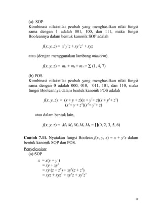 (a) SOP
  Kombinasi nilai-nilai peubah yang menghasilkan nilai fungsi
  sama dengan 1 adalah 001, 100, dan 111, maka fungsi
  Booleannya dalam bentuk kanonik SOP adalah

          f(x, y, z) = x’y’z + xy’z’ + xyz

  atau (dengan menggunakan lambang minterm),

          f(x, y, z) = m1 + m4 + m7 = ∑ (1, 4, 7)

  (b) POS
  Kombinasi nilai-nilai peubah yang menghasilkan nilai fungsi
  sama dengan 0 adalah 000, 010, 011, 101, dan 110, maka
  fungsi Booleannya dalam bentuk kanonik POS adalah

           f(x, y, z) = (x + y + z)(x + y’+ z)(x + y’+ z’)
                         (x’+ y + z’)(x’+ y’+ z)

      atau dalam bentuk lain,

          f(x, y, z) = M0 M2 M3 M5 M6 = ∏(0, 2, 3, 5, 6)


Contoh 7.11. Nyatakan fungsi Boolean f(x, y, z) = x + y’z dalam
bentuk kanonik SOP dan POS.
Penyelesaian:
  (a) SOP
       x = x(y + y’)
         = xy + xy’
         = xy (z + z’) + xy’(z + z’)
         = xyz + xyz’ + xy’z + xy’z’




                                                             11
 