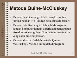 Rinaldi Munir/IF2151 Mat. Diskrit 75
Metode Quine-McCluskey
• Metode Peat Karnaugh tidak mangkus untuk
jumlah peubah > 6 (ukuran peta semakin besar).
• Metode peta Karnaugh lebih sulit diprogram
dengan komputer karena diperlukan pengamatan
visual untuk mengidentifikasi minterm-minterm
yang akan dikelompokkan.
• Metode alternatif adalah metode Quine-
McCluskey . Metode ini mudah diprogram.
 