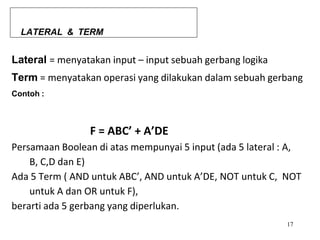 LATERAL & TERM
17
Lateral = menyatakan input – input sebuah gerbang logika
Term = menyatakan operasi yang dilakukan dalam sebuah gerbang
Contoh :
F = ABC’ + A’DE
Persamaan Boolean di atas mempunyai 5 input (ada 5 lateral : A,
B, C,D dan E)
Ada 5 Term ( AND untuk ABC’, AND untuk A’DE, NOT untuk C, NOT
untuk A dan OR untuk F),
berarti ada 5 gerbang yang diperlukan.
 