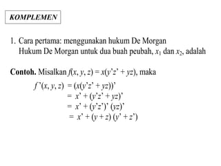 19
1. Cara pertama: menggunakan hukum De Morgan
Hukum De Morgan untuk dua buah peubah, x1 dan x2, adalah
Contoh. Misalkan f(x, y, z) = x(y’z’ + yz), maka
f ’(x, y, z) = (x(y’z’ + yz))’
= x’ + (y’z’ + yz)’
= x’ + (y’z’)’ (yz)’
= x’ + (y + z) (y’ + z’)
KOMPLEMEN
 