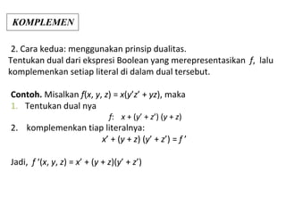 2. Cara kedua: menggunakan prinsip dualitas.
Tentukan dual dari ekspresi Boolean yang merepresentasikan f, lalu
komplemenkan setiap literal di dalam dual tersebut.
Contoh. Misalkan f(x, y, z) = x(y’z’ + yz), maka
1. Tentukan dual nya
f: x + (y’ + z’) (y + z)
2. komplemenkan tiap literalnya:
x’ + (y + z) (y’ + z’) = f ’
Jadi, f ‘(x, y, z) = x’ + (y + z)(y’ + z’)
20
KOMPLEMEN
 